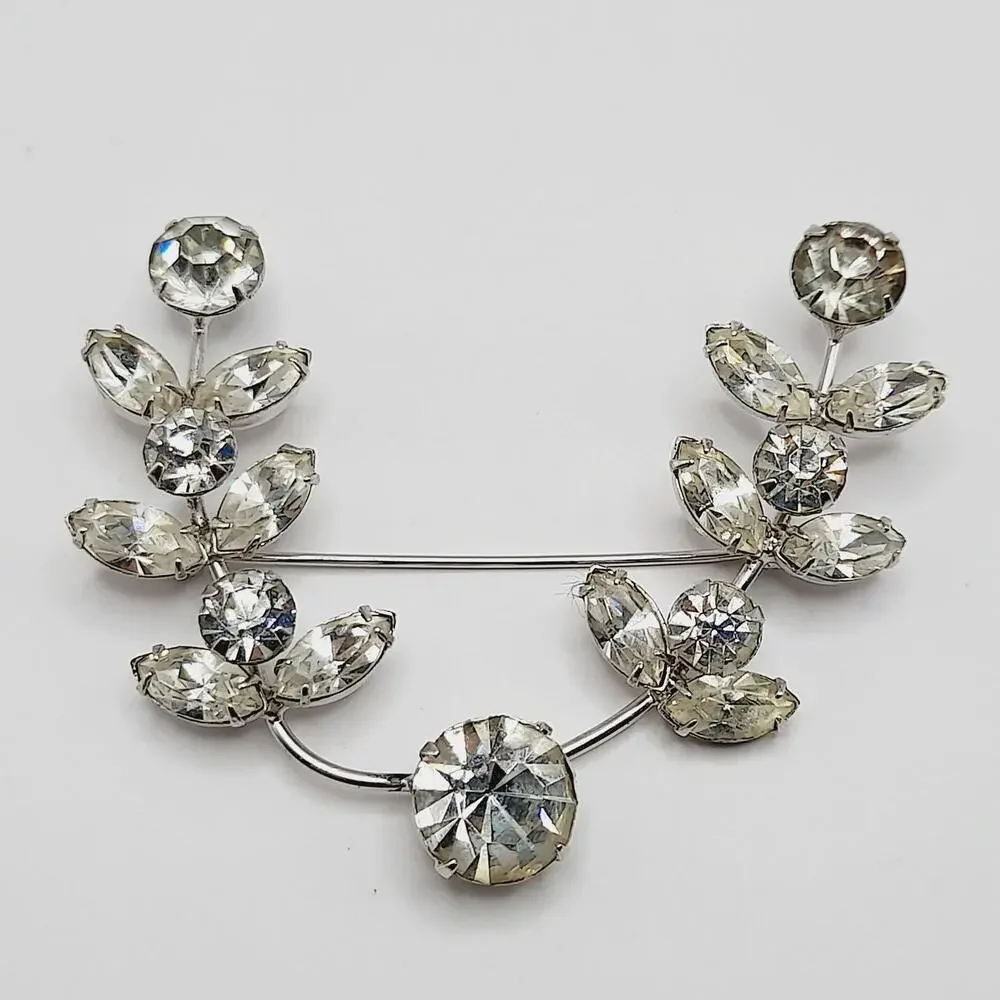 Vintage Clear Rhinestone Brooch Mid-Century Silver Tone Wedding Pin 2 1/2 Inch
